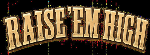 Gold text logo reading RAISE EM HIGH with a dark background
