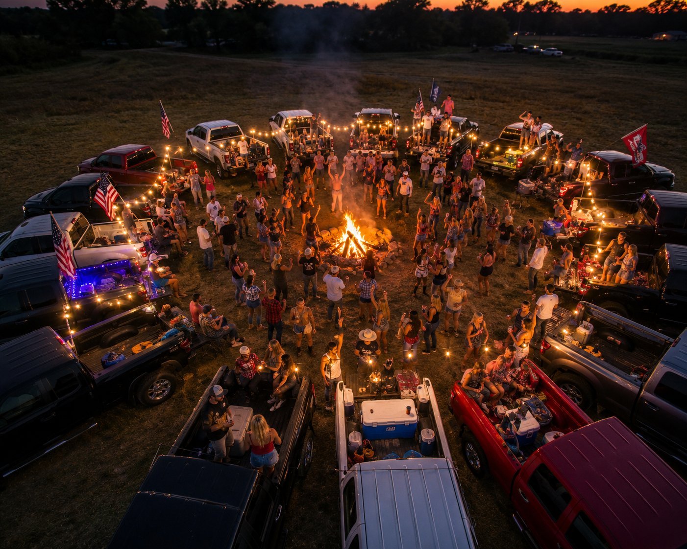 Aerial view of a nighttime campfire gathering with dozens of people surrounded by glowing lights and parked vehicles in an open field